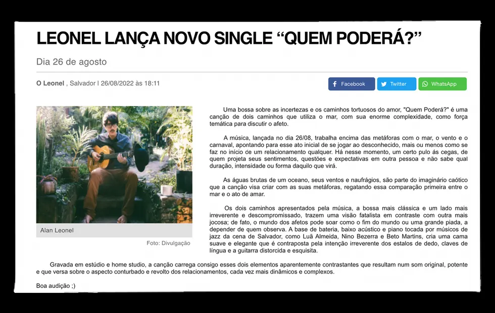 Matéria sobre Leonel e o single Quem Poderá