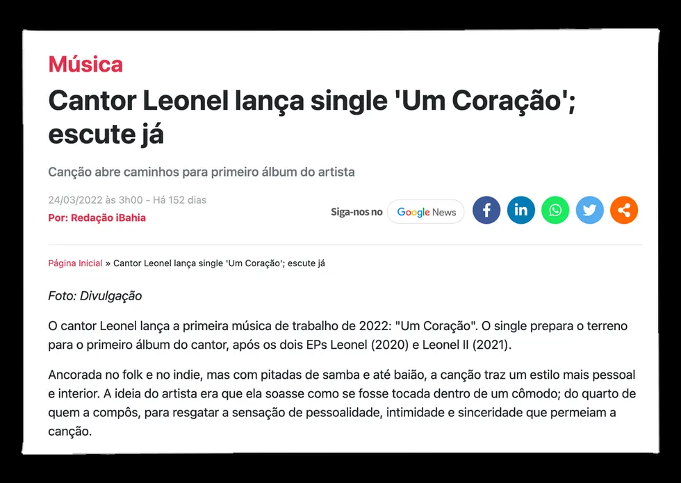 Matéria Cantor Leonel lança single Um Coração; escute já